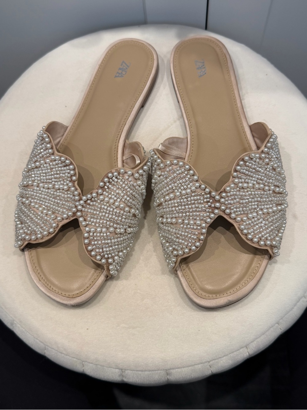 Zara Beige Pearl-Embellished Slide Mules